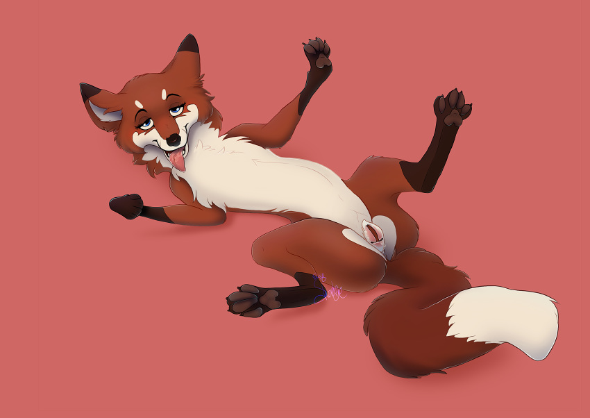 2018 butt canine elly female feral fox fur hi_res looking_at_viewer looking_pleasured lying mammal on_back open_mouth presenting presenting_pussy pussy red_fox shembreopheline simple_background smile solo spread_legs spreading tongue tongue_out