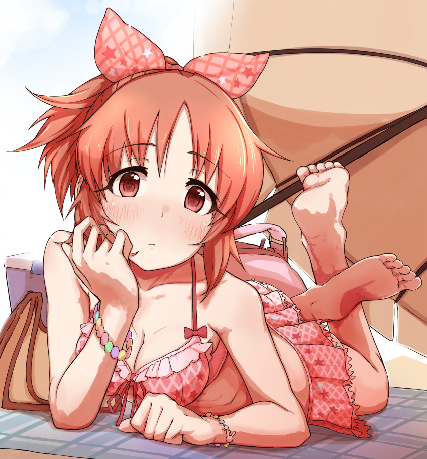 abe_nana ankles arm_rest bag bangs bare_shoulders beach_towel beach_umbrella bikini bikini_skirt blush bow box bracelet breasts brown_eyes cleavage closed_mouth collarbone eyebrows_visible_through_hair eyelashes feet frilled_bikini frills front-tie_bikini front-tie_top hair_bow hand_on_own_chin handbag highres idolmaster idolmaster_cinderella_girls jewelry lace lace-trimmed_bikini legs_up looking_at_viewer lying medium_breasts on_stomach orange_hair pink_bikini pink_bow pink_skirt red_bow ribs shiny shiny_skin short_hair short_ponytail sidelocks skirt soles solo star star_print swimsuit the_pose towel umbrella white_background woshinon