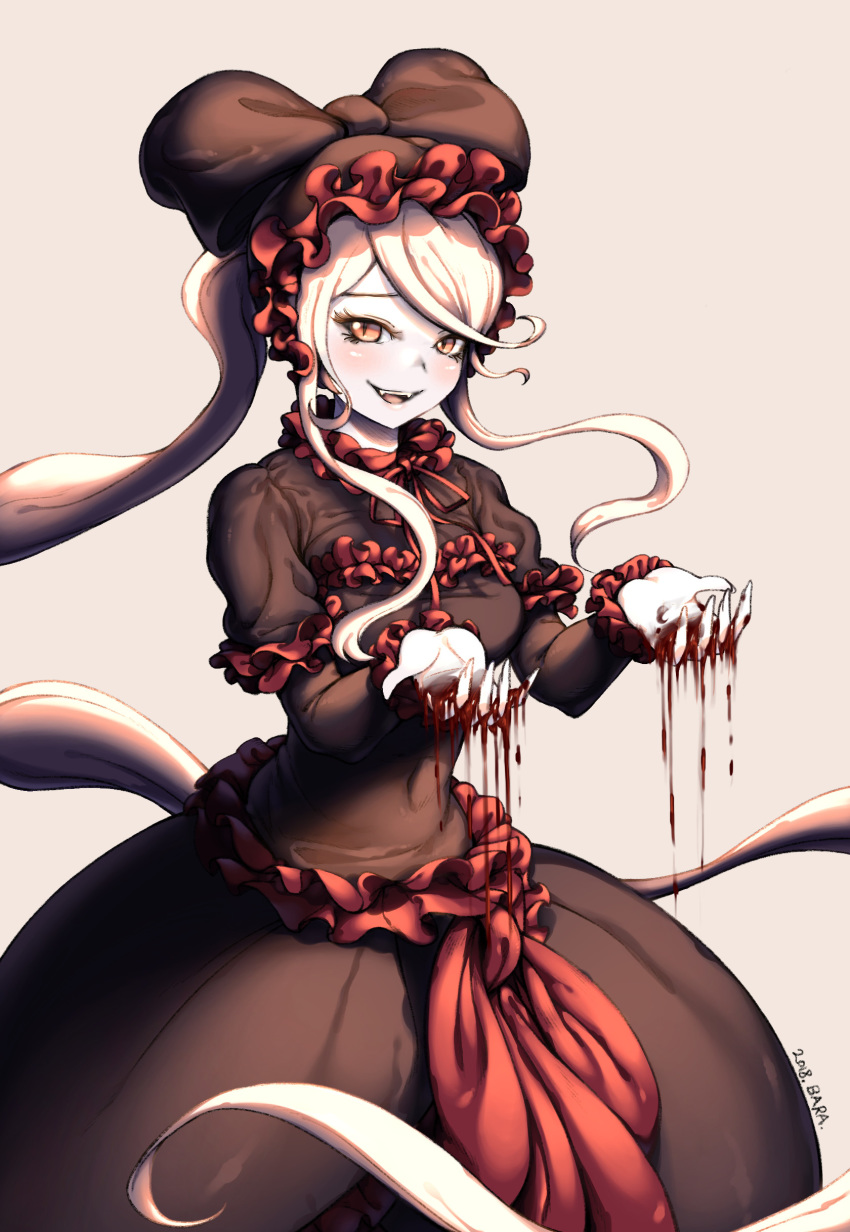 :d absurdres artist_name bangs bara_art black_dress blood blood_drip bloody_hands commentary_request dress fang frilled_dress frills gothic_lolita grey_background headdress highres lolita_fashion long_hair looking_at_viewer open_mouth overlord_(maruyama) ponytail red_eyes shalltear_bloodfallen silver_hair smile solo standing swept_bangs tongue vampire