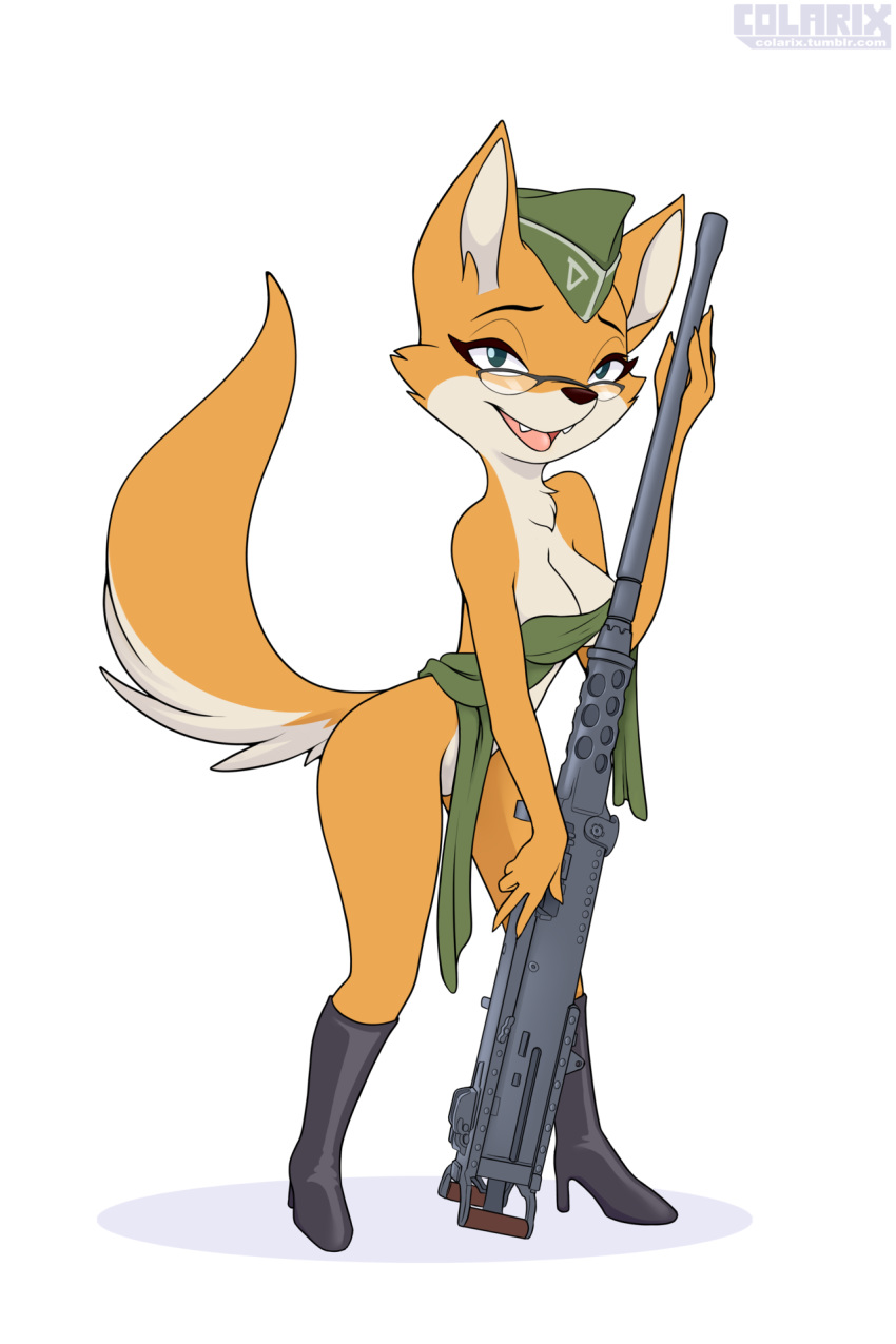 2018 anthro boots canine clothed clothing colarix eyewear female footwear fox glasses hat hi_res holding_object lt._fox_vixen mammal military_uniform sek_studios simple_background skimpy smile solo squirrel_and_hedgehog standing teeth uniform weapon white_background