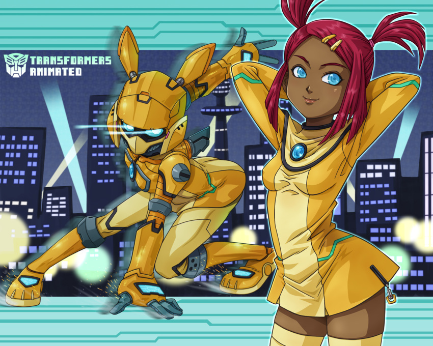 blue_eyes cityscape dark_skin dress fuji_shuuji hair_ornament hairpin red_hair robot sari_sumdac smile transformers transformers_animated yellow_dress