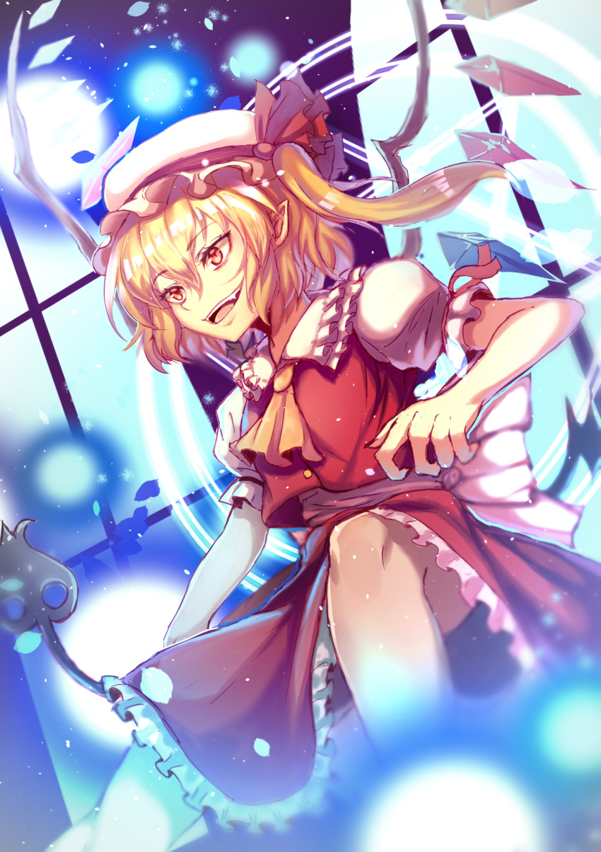 ascot blonde_hair bow commentary danmaku energy_ball eyebrows_visible_through_hair fangs fingernails flandre_scarlet floating_hair frilled_shirt_collar frilled_skirt frills from_below hair_between_eyes hand_up hat hat_ribbon highres holding laevatein light_particles magic_circle meilynn-hayakan mob_cap open_mouth orange_eyes pointy_ears puffy_short_sleeves puffy_sleeves red_ribbon red_skirt red_vest ribbon sash shiny shiny_hair short_sleeves side_ponytail sidelocks skirt slit_pupils smile smug solo spell_card tongue touhou vest window wings yellow_neckwear