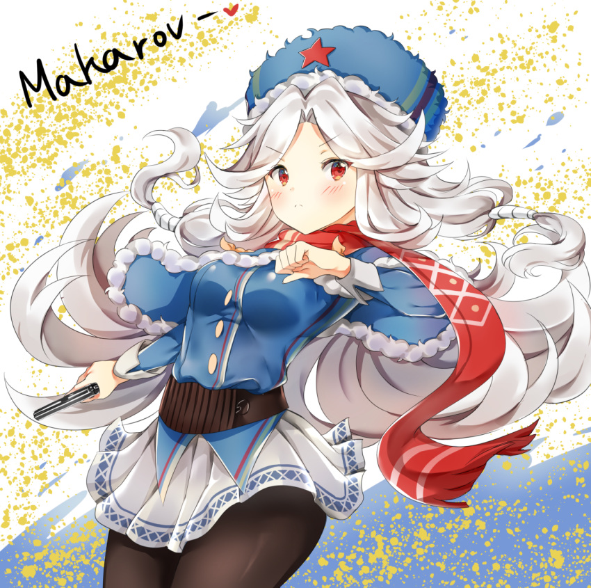&gt;:( bangs black_legwear blue_capelet blue_hat blue_jacket blush capelet character_name closed_mouth commentary eyebrows_visible_through_hair fringe_trim fur-trimmed_capelet fur_hat fur_trim girls_frontline gun handgun hat heart holding holding_gun holding_weapon jacket long_hair long_sleeves makarov_(girls_frontline) makarov_pm melings_(aot2846) object_namesake pantyhose parted_bangs pleated_skirt red_eyes red_scarf scarf silver_hair skirt solo v-shaped_eyebrows very_long_hair weapon white_skirt