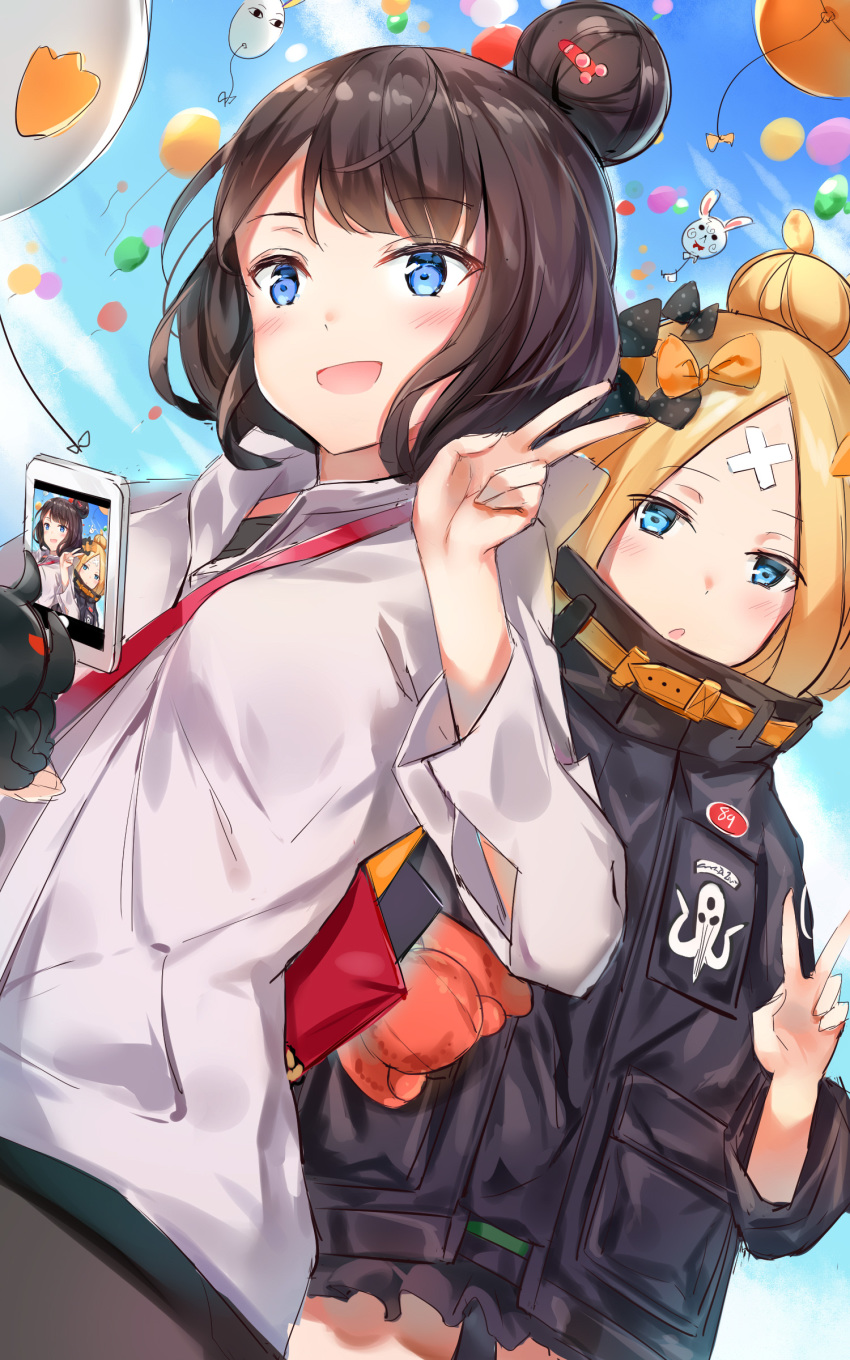 :d abigail_williams_(fate/grand_order) absurdres animal balloon bangs black_bow black_jacket blonde_hair blue_eyes blue_sky blush bow brown_hair cellphone cloud commentary_request crossed_bandaids day eyebrows_visible_through_hair fate/grand_order fate_(series) fou_(fate/grand_order) ginn_(hzh770121) hair_bow hair_bun hand_up heroic_spirit_traveling_outfit highres holding holding_cellphone holding_phone hood hood_down hooded_jacket jacket katsushika_hokusai_(fate/grand_order) long_hair long_sleeves medjed multiple_girls object_hug octopus open_mouth orange_bow outdoors parted_bangs parted_lips phone polka_dot polka_dot_bow sky sleeves_past_fingers sleeves_past_wrists smile stuffed_animal stuffed_toy taking_picture teddy_bear tokitarou_(fate/grand_order) v white_jacket