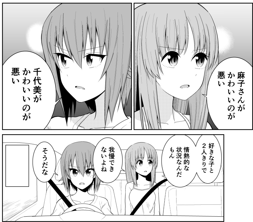 absurdres bangs car_interior collarbone comic commentary driving girls_und_panzer greyscale hair_between_eyes highres medium_hair monochrome multiple_girls nishizumi_maho nishizumi_miho open_mouth seatbelt siblings sisters steering_wheel tank_top translated upper_body yawaraka_black