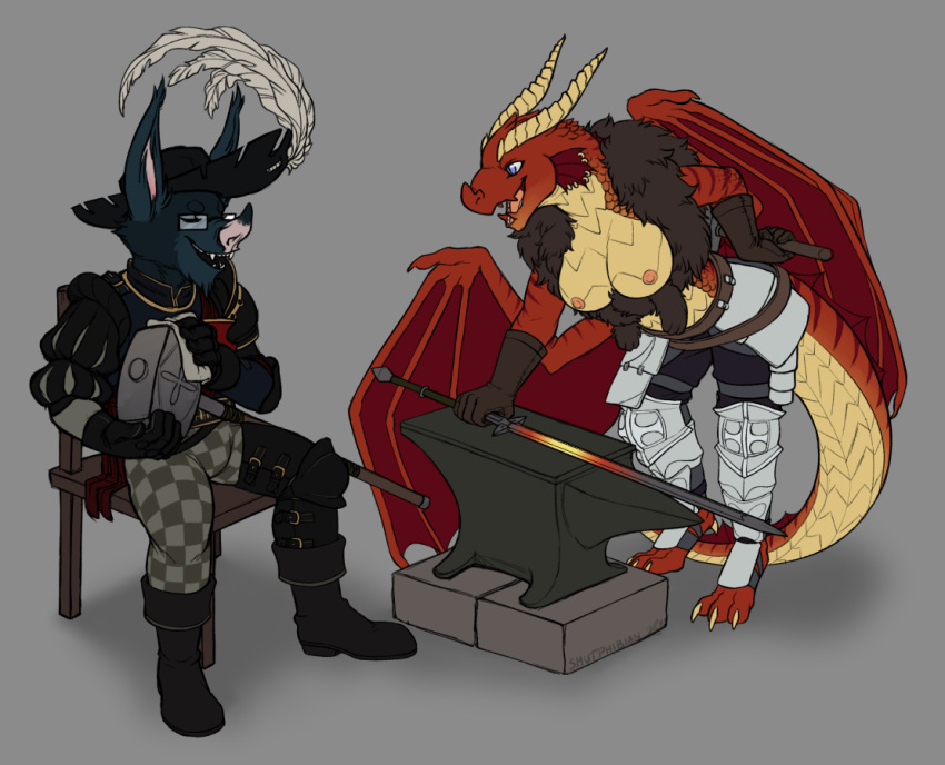 anthro armor breasts dragon exposed_breasts female grey_background hammer kubrow male melee_weapon non-mammal_beasts raid simple_background smutphibian sword tools warhammer weapon zigfried_vanburen