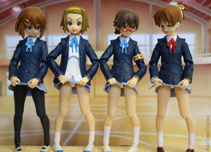 badtastetoybox black_tights brown_hair character figma flash flashing gym gymnasium hairband hirasawa_ui hirasawa_yui k-on! manabe_nodoka multiple_girls panties panty_flash photo portrait school_uniform schoolgirls skirt skirt_lift tainaka_ritsu toy_photography underwear white_socks yellow_hairband