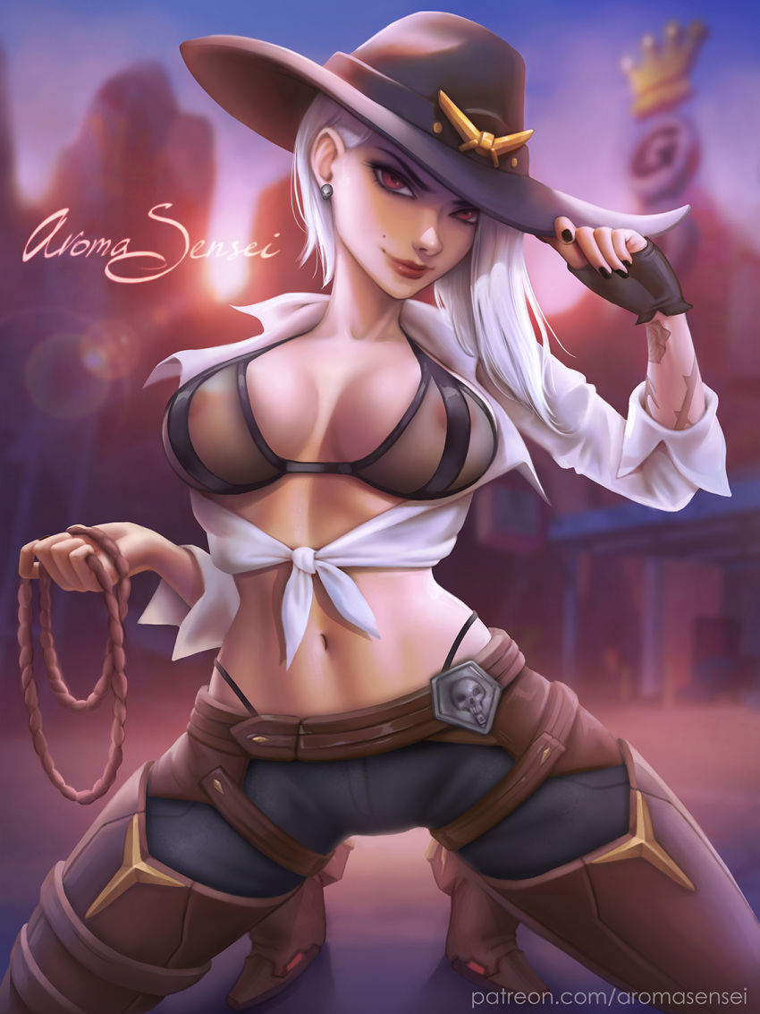 1girl areolae aroma_sensei ashe_(overwatch) black_bra black_nails black_panties blurry blurry_background boots bra breasts breasts_apart breasts_outside brown_footwear cleavage closed_mouth denim earrings eyeshadow fingerless_gloves gloves hand_on_headwear head_tilt highleg highleg_panties highres holding jeans jewelry kneeling large_breasts lips long_hair looking_at_viewer makeup midriff mole_above_mouth nail_polish navel outdoors overwatch panties pants patreon_username red_eyes rope see-through shirt signature smile solo sunset tattoo thigh_boots thighhighs tied_shirt underwear watermark web_address white_hair