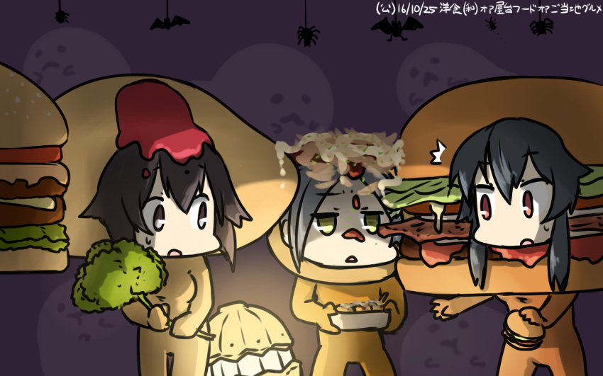 3girls alternate_costume bat black_hair broccoli brown_eyes commentary_request dated food ghost green_eyes hair_ornament hairclip halloween hamburger hamburger_costume hamu_koutarou hayasui_(kantai_collection) highres holding holding_food jitome kantai_collection kuroshio_(kantai_collection) multiple_girls omelet omelet_costume short_hair sidelocks sweat takoyaki takoyaki_costume yahagi_(kantai_collection)