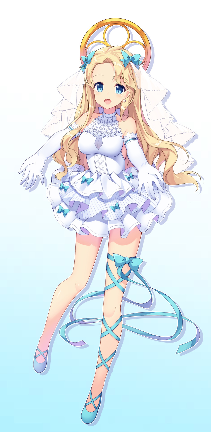 :d absurdres amemiya_ruki asymmetrical_bangs azur_lane bangs bare_shoulders blonde_hair blue_background blue_bow blue_eyes blue_footwear blue_ribbon bow breasts collarbone commentary_request dress earrings elbow_gloves emile_bertin_(azur_lane) eyebrows_visible_through_hair gloves gradient gradient_background hair_bow highres jewelry leg_ribbon long_hair medium_breasts open_mouth ribbon round_teeth see-through shoes smile solo teeth upper_teeth very_long_hair white_background white_dress white_gloves