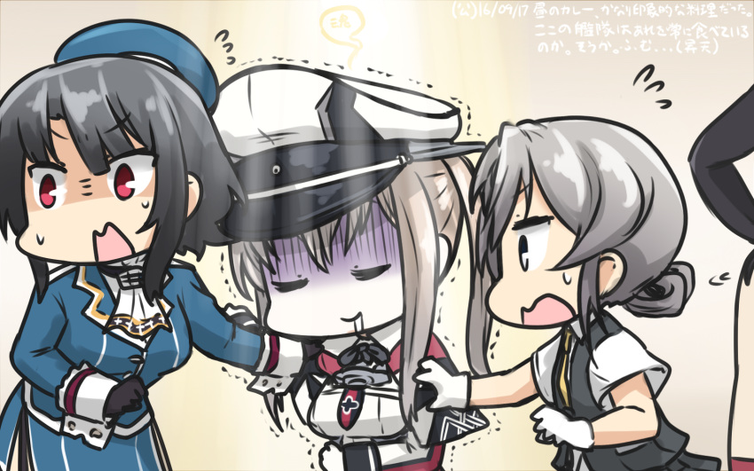 animalization beret black_gloves black_hair blonde_hair capelet celtic_knot commentary_request dated flying_sweatdrops giving_up_the_ghost gloves graf_zeppelin_(kantai_collection) hamu_koutarou hat highres iron_cross kantai_collection military military_uniform multiple_girls nowaki_(kantai_collection) peaked_cap red_eyes seal shimakaze_(kantai_collection) shimakaze_(seal) short_hair silver_hair sweatdrop takao_(kantai_collection) trembling turn_pale uniform vest white_gloves