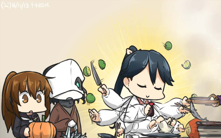 afterimage black_hair black_serafuku brown_eyes brown_hair chi-class_torpedo_cruiser chopsticks closed_eyes commentary_request crescent crescent_moon_pin dated fan fish food fruit fumizuki_(kantai_collection) grill grilling hamu_koutarou highres houshou_(kantai_collection) kantai_collection kappougi knife lemon long_hair mask multiple_girls necktie open_mouth paper_fan ponytail pumpkin saury school_uniform serafuku shichirin shinkaisei-kan soy_sauce stove uchiwa