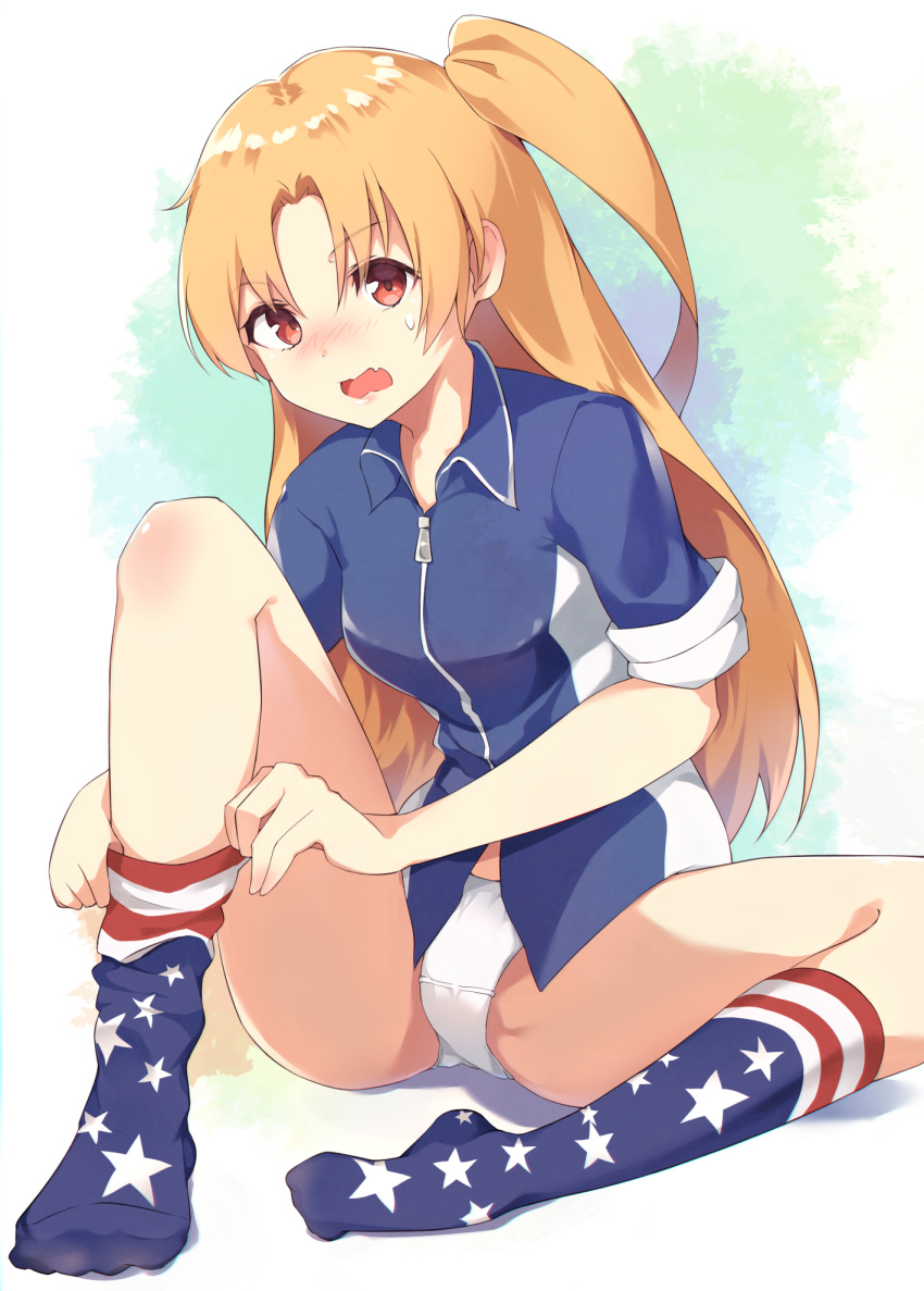 1girl american_flag_legwear azur_lane bangs blonde_hair blue_shirt blush bushinofuji cleveland_(azur_lane) collared_shirt commentary_request crotch_seam eyebrows_visible_through_hair fang frown head_tilt highres legs lips long_hair looking_at_viewer multicolored multicolored_clothes multicolored_legwear no_pants one_side_up open_mouth panties parted_bangs pulled_by_self red_eyes shirt short_sleeves sitting sleeves_rolled_up sock_pull solo sweatdrop underwear very_long_hair white_panties zipper