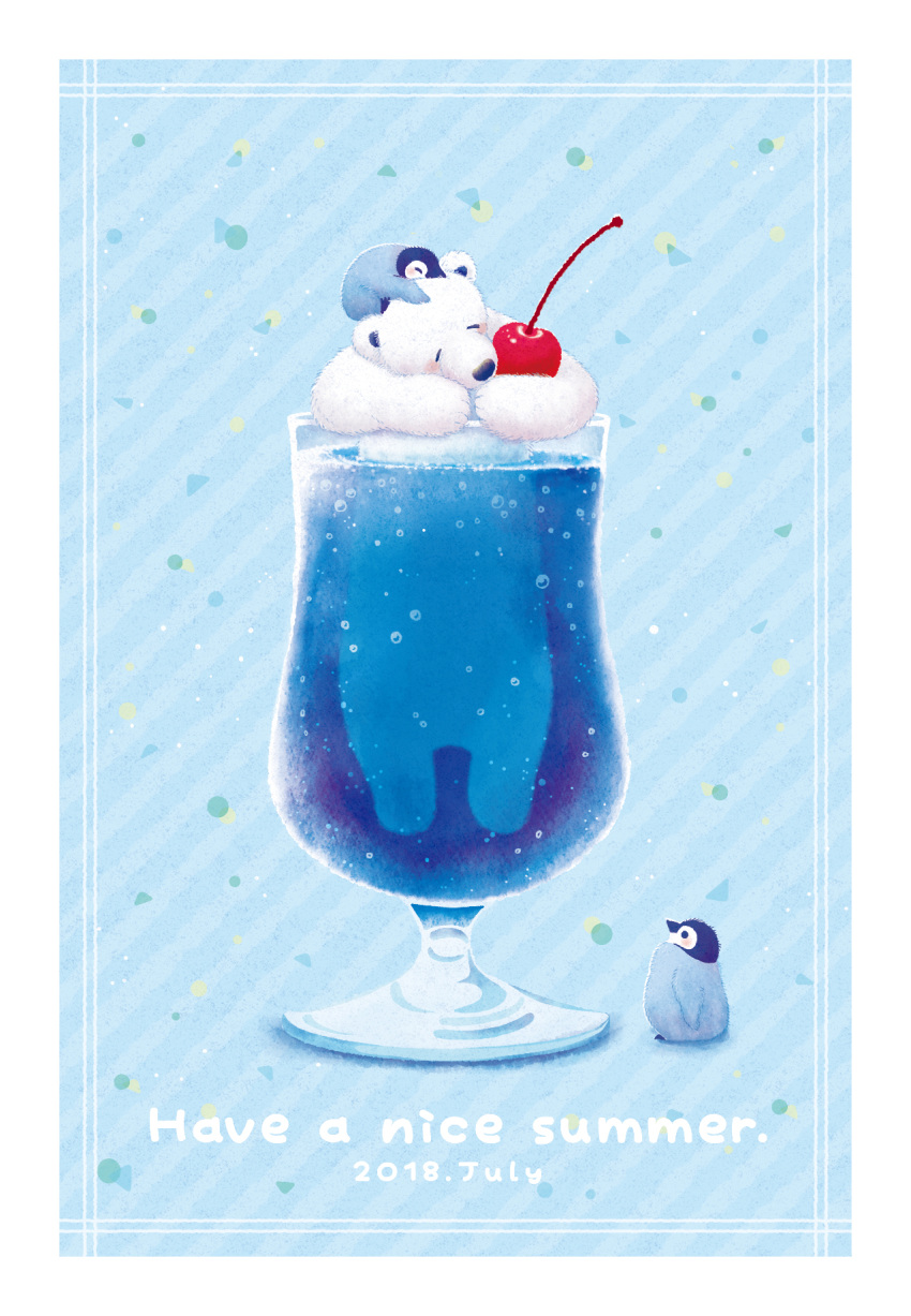 bear bird blue blush cherry chick closed_eyes commentary_request dated food fruit glass highres ice_cream ice_cream_float miya_(miyabio) no_humans original penguin polar_bear shochuumimai summer