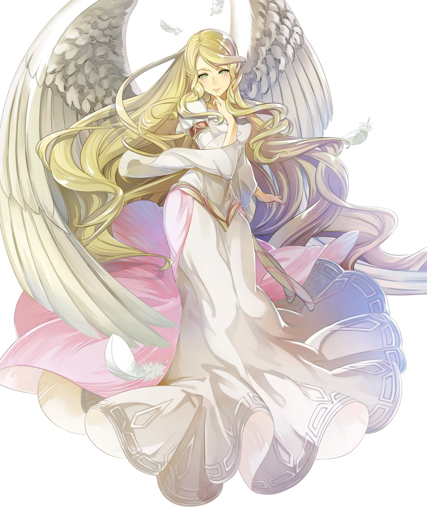 1girl bangs blonde_hair breasts closed_mouth dress feathered_wings feathers fire_emblem fire_emblem:_akatsuki_no_megami fire_emblem_heroes full_body green_eyes hand_up highres leanne long_dress long_hair long_sleeves looking_at_viewer medium_breasts nintendo official_art puffy_sleeves shiny shiny_hair transparent_background very_long_hair wide_sleeves wings