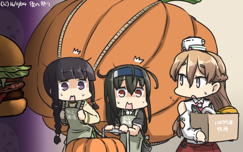 3girls apron ascot bangs bare_shoulders black_hair blonde_hair blunt_bangs braid commentary_request dated food french_braid hamburger hamu_koutarou hat hatsushimo_(kantai_collection) headband highres kantai_collection kitakami_(kantai_collection) long_hair low-tied_long_hair mini_hat multiple_girls open_mouth pumpkin purple_eyes pushcart red_eyes remodel_(kantai_collection) school_uniform serafuku single_braid translated wavy_hair zara_(kantai_collection)