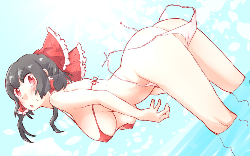 adapted_costume ass bent_over bikini black_hair blush bow breasts covered_nipples dutch_angle full_body hair_bow hair_tubes hakurei_reimu large_breasts looking_at_viewer micro_bikini non_(z-art) open_mouth red_eyes short_hair sideboob sidelocks solo string_bikini sweatdrop swimsuit touhou underboob wading wardrobe_malfunction water