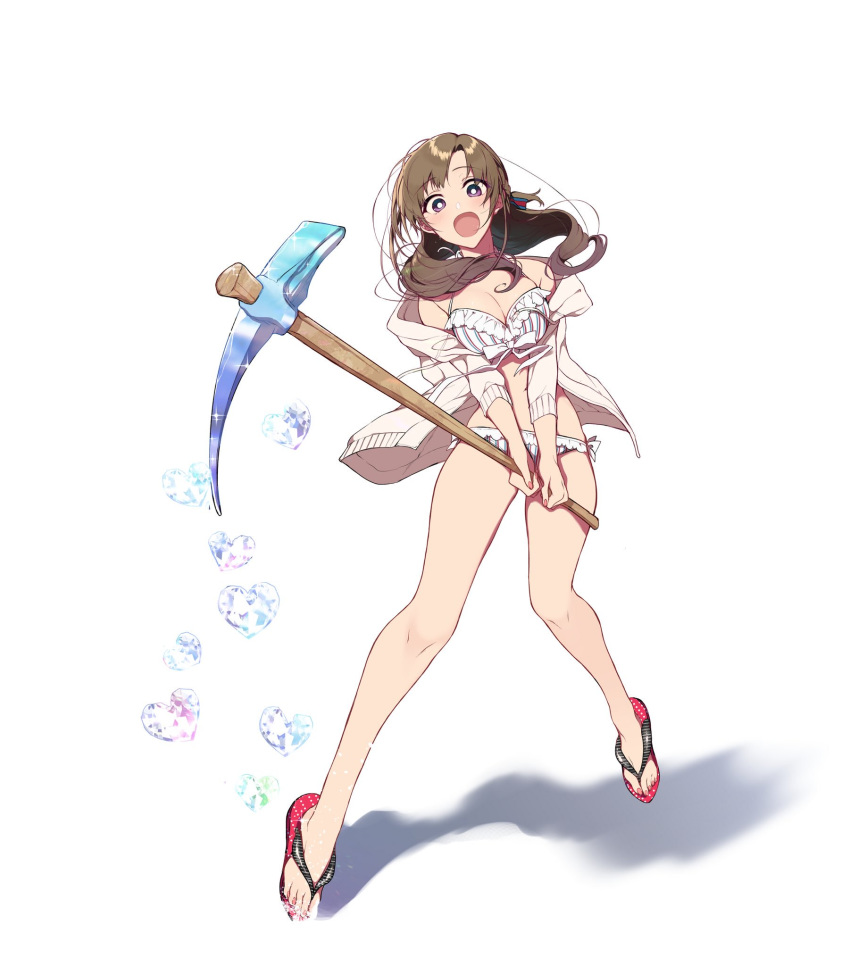 :d bare_legs brown_hair commentary_request feet flip-flops full_body heart highres jacket long_hair looking_at_viewer off_shoulder oosuki_mamako open_mouth pickaxe pochi_(pochi-goya) sandals simple_background smile solo tsuujou_kougeki_ga_zentai_kougeki_de_ni-kai_kougeki_no_okaasan_wa_suki_desu_ka? white_background