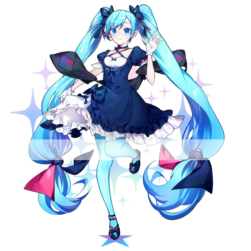 absurdly_long_hair absurdres bangs black_bow black_dress black_ribbon blue_eyes blue_hair blue_legwear bow choker chuki_(lydia) dress eyebrows_visible_through_hair floating_hair full_body hair_between_eyes hair_bow hatsune_miku highres leg_up long_hair low-tied_long_hair pantyhose ribbon ribbon_choker shiny shiny_hair short_dress short_sleeves simple_background smile solo standing standing_on_one_leg swept_bangs twintails very_long_hair vocaloid white_background