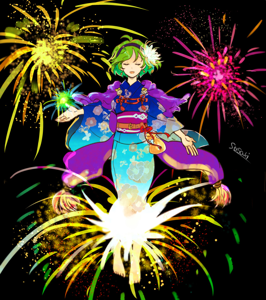 alternate_costume artist_name closed_eyes commentary earrings fire_emblem fire_emblem:_rekka_no_ken fire_emblem_heroes fireworks floral_print flower full_body green_hair hair_flower hair_ornament hairband highres japanese_clothes jewelry kimono long_sleeves nino_(fire_emblem) obi open_mouth sasaki_(dkenpisss) sash short_hair solo wide_sleeves yukata