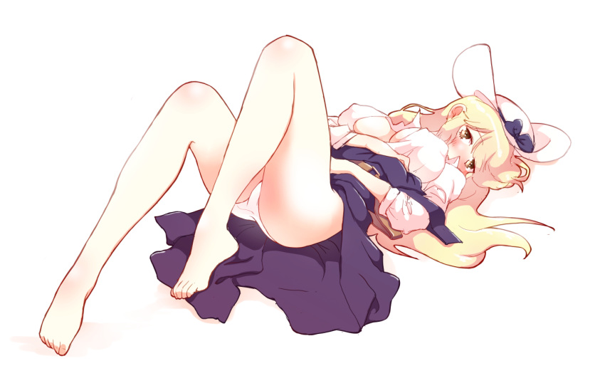 barefoot blonde_hair blush breasts cleavage collared_shirt full_body hat hat_ribbon knees_up long_hair looking_at_viewer lying medium_breasts non_(z-art) on_back open_clothes open_shirt panties partially_unbuttoned ribbon shirt simple_background skirt solo touhou underwear watatsuki_no_toyohime white_background white_panties yellow_eyes