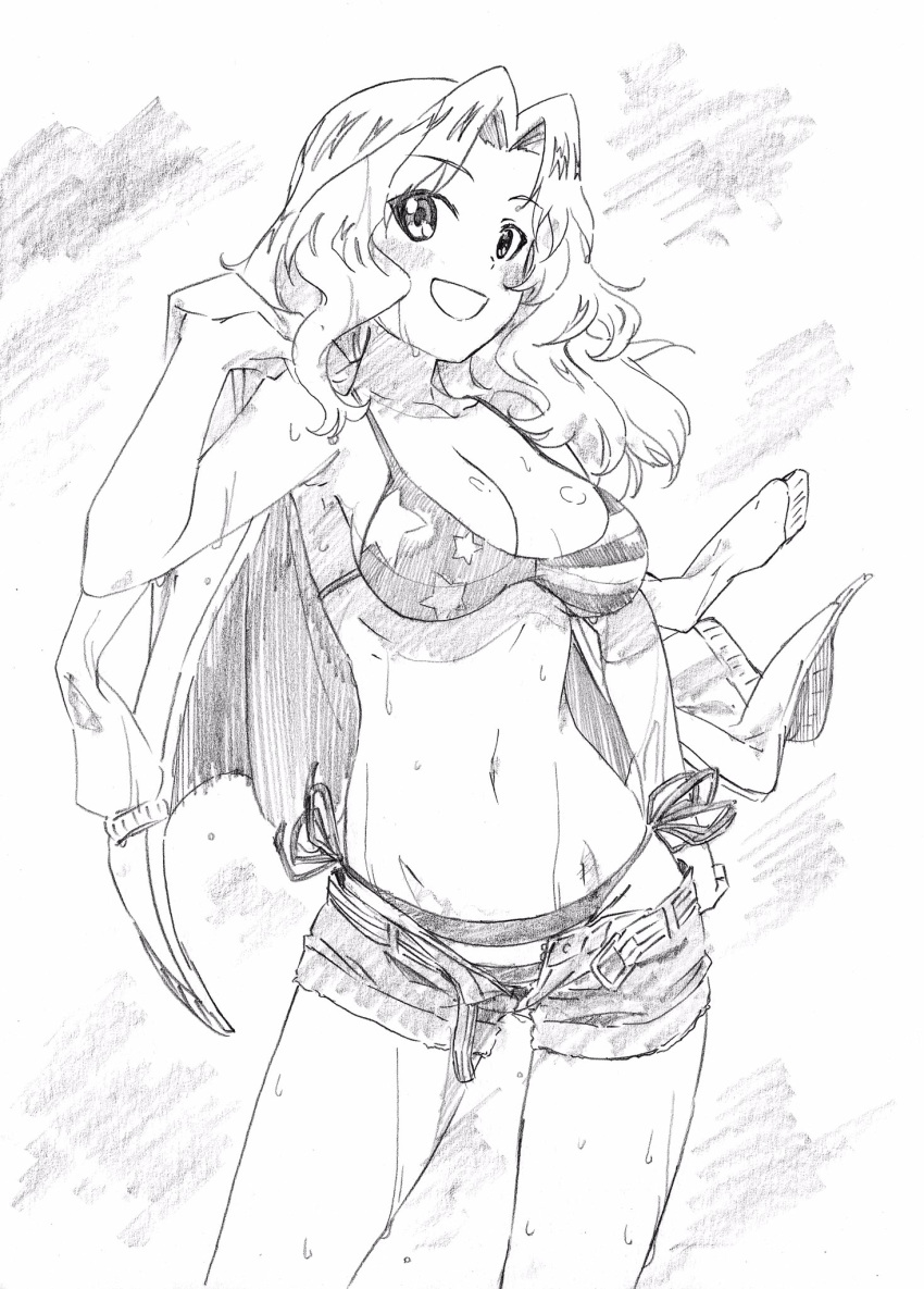 american_flag_bikini belt bikini breasts casual cleavage commentary contrapposto cowboy_shot eyebrows_visible_through_hair flag_print girls_und_panzer graphite_(medium) greyscale hair_intakes highres jacket_on_shoulders kay_(girls_und_panzer) large_breasts long_hair looking_at_viewer monochrome navel open_clothes open_mouth open_shorts pink_x short_shorts shorts side-tie_bikini sketch smile solo standing sweat swimsuit traditional_media unzipped