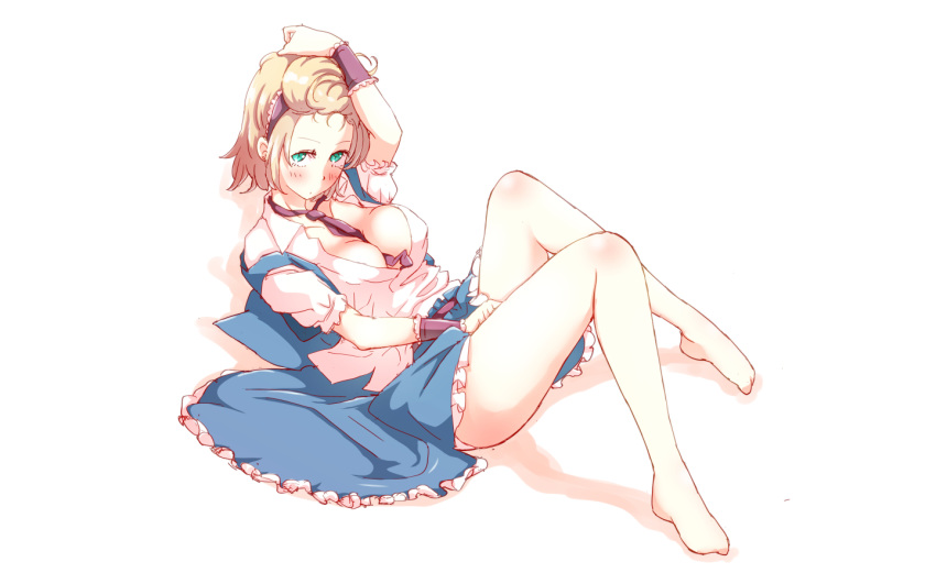 adjusting_hair alice_margatroid barefoot between_breasts blue_eyes blush breasts cleavage collared_shirt full_body hairband hand_in_hair knees_up looking_at_viewer lying medium_breasts miniskirt necktie necktie_between_breasts non_(z-art) on_back open_clothes open_shirt partially_unbuttoned shirt short_sleeves simple_background skirt skirt_pull solo touhou vest white_background wrist_cuffs