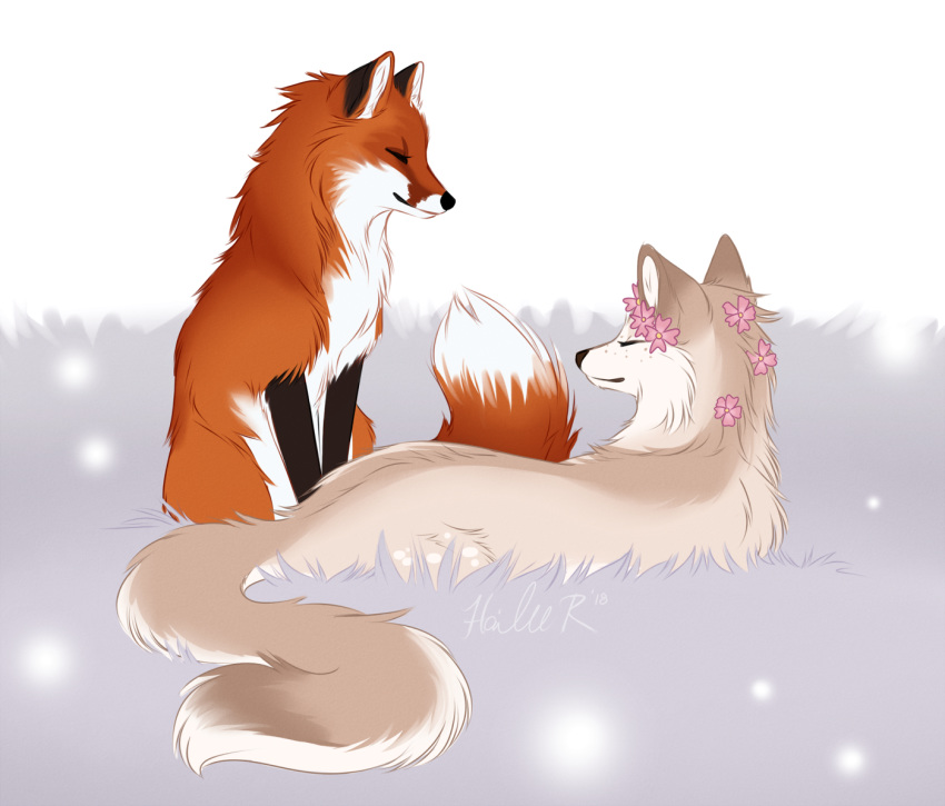 2018 ambiguous_gender black_nose canine detailed_background digital_media_(artwork) duo eyes_closed feral flower_crown fox fur mammal orange_fur tan_fur taykoe white_fur