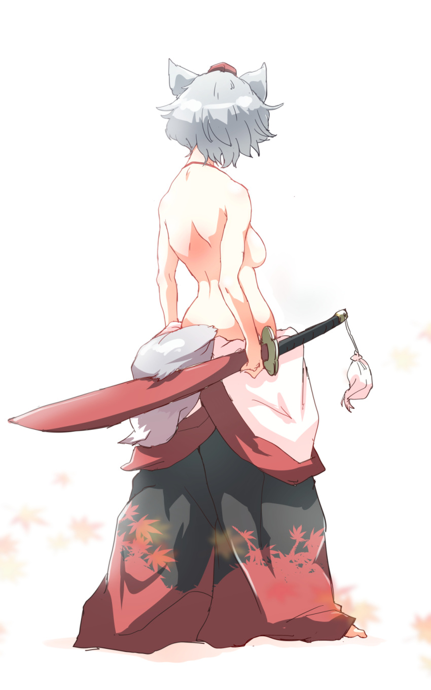 animal_ears back breasts from_behind full_body hat highres inubashiri_momiji leaf leaf_print medium_breasts non_(z-art) scabbard sheath sheathed short_hair sideboob silver_hair simple_background skirt solo standing sword tail tokin_hat topless touhou weapon white_background wolf_ears wolf_tail