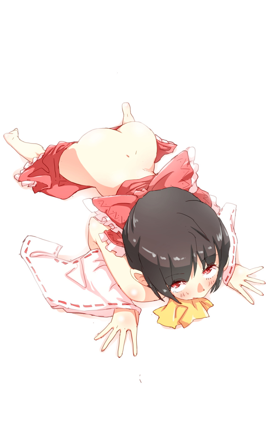 all_fours ascot ass bare_shoulders barefoot black_hair blush bow detached_sleeves from_above full_body hair_bow hakurei_reimu highres looking_at_viewer looking_up no_panties non_(z-art) nontraditional_miko red_eyes short_hair simple_background skirt skirt_pull solo touhou white_background wide_sleeves