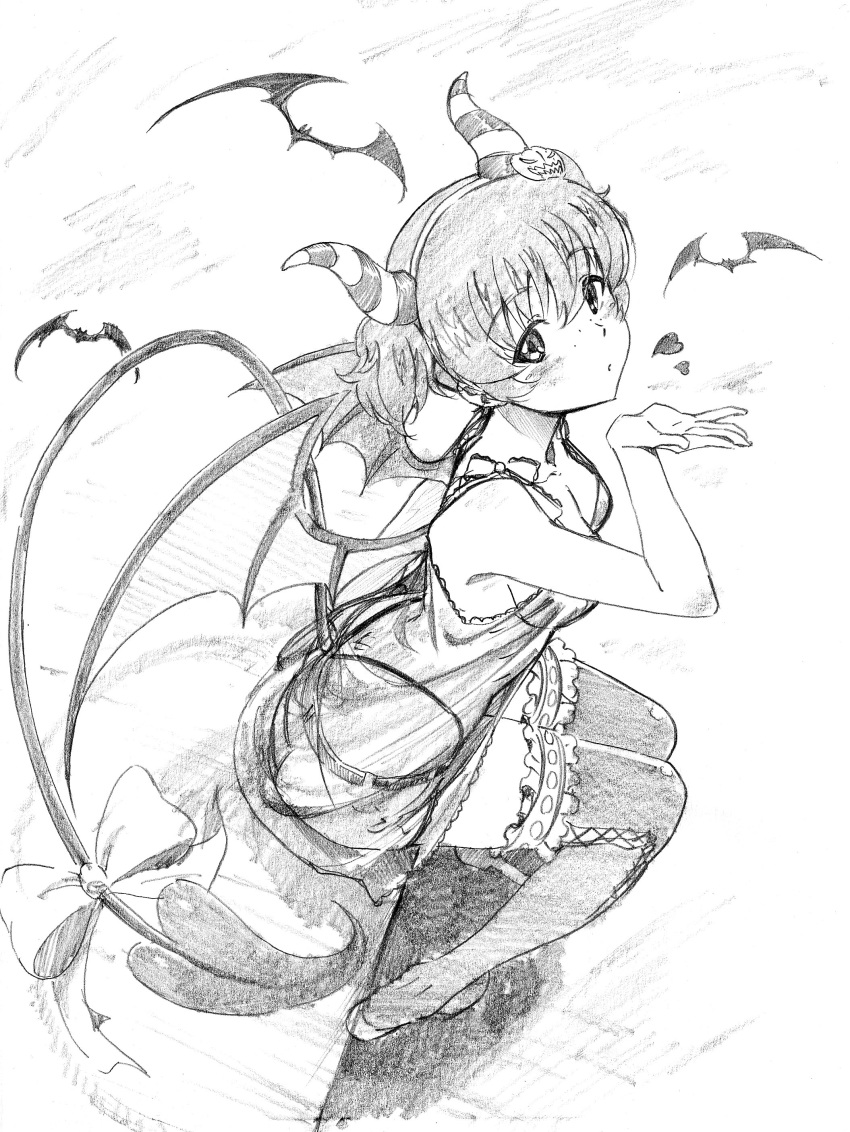 absurdres alisa_(girls_und_panzer) bangs bat belt blowing blown_kiss bow breasts camisole commentary demon_tail demon_wings eyebrows_visible_through_hair foreshortening freckles girls_und_panzer graphite_(medium) greyscale hair_ornament highleg highleg_panties highres horns jack-o'-lantern jack-o'-lantern_hair_ornament lace lace-trimmed_thighhighs looking_at_viewer miniskirt monochrome panties parted_lips pink_x see-through short_hair short_twintails sideboob sitting sketch skirt small_breasts solo striped_horns tail tail_bow thighhighs traditional_media twintails underwear wings