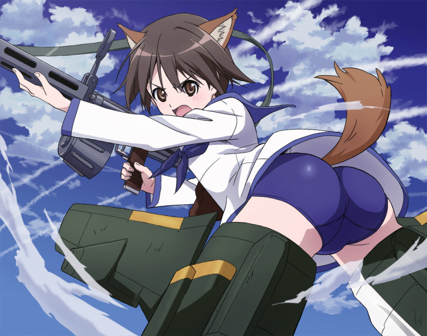 angry animal_ear_fluff animal_ears anime_coloring ass bangs bent_over black_eyes black_hair blue_neckwear blue_sailor_collar blue_sky blue_swimsuit blush breasts cloud dog_ears dog_tail drum_magazine floating from_side gun hair_between_eyes hide_0 holding holding_gun holding_weapon ironsights legs_apart long_sleeves looking_at_viewer looking_back looking_to_the_side machine_gun mecha_musume midair miyafuji_yoshika neckerchief one-piece_swimsuit open_mouth outdoors outstretched_arm parted_bangs sailor_collar school_swimsuit school_uniform serafuku shirt short_hair sky small_breasts solo strap strike_witches striker_unit swimsuit swimsuit_under_clothes tail tail_through_clothes thighs trigger_discipline type_99_cannon upshirt v-shaped_eyebrows weapon white_shirt wind world_witches_series