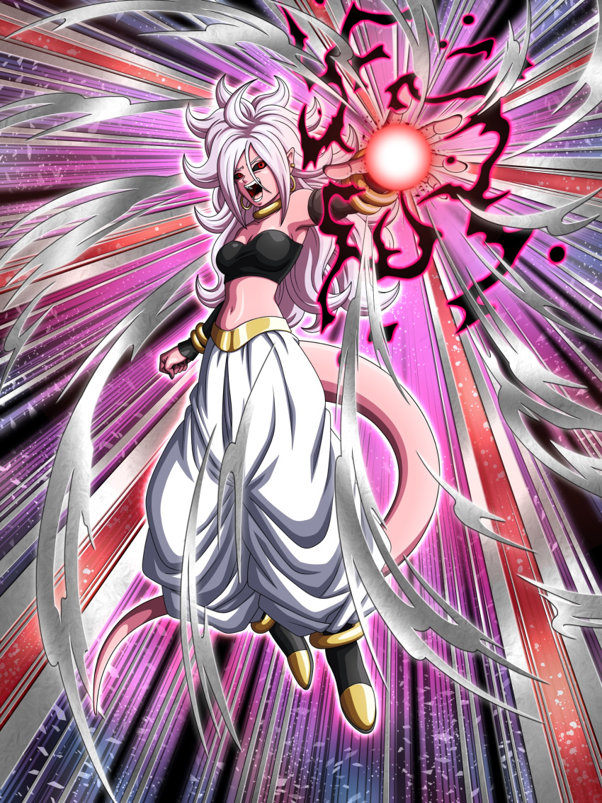 :o absurdres android_21 black_footwear black_sclera black_sleeves black_tubetop boots breasts commentary_request curly_hair dbkenkyuusei detached_sleeves dragon_ball dragon_ball_fighterz dragon_ball_z_dokkan_battle earrings energy_ball floating harem_pants highres hoop_earrings jewelry long_hair majin_android_21 medium_breasts midriff navel pants pink_skin pointy_ears red_eyes solo strapless tail tubetop white_hair white_pants