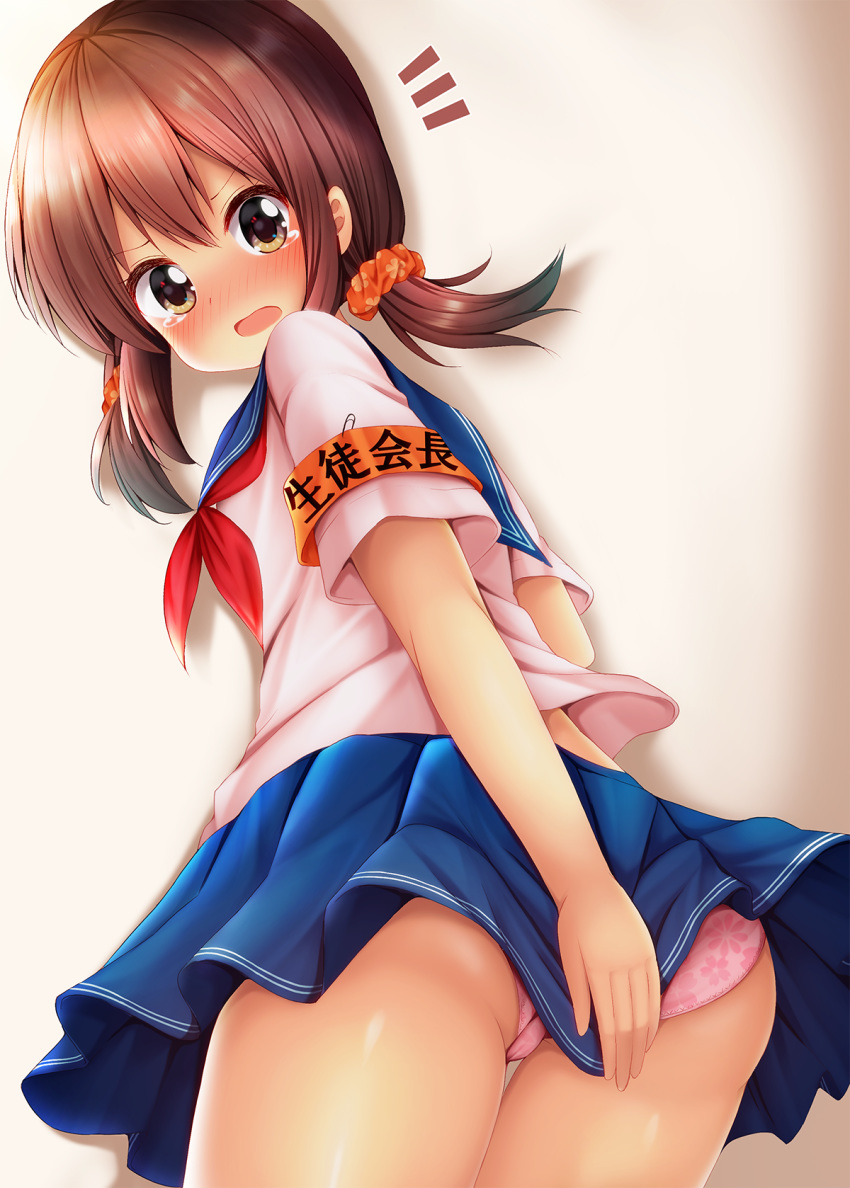 armband ass blue_sailor_collar blue_skirt blush brown_eyes brown_hair covering covering_ass floral_print hair_ornament hair_scrunchie highres long_hair looking_at_viewer looking_back low_twintails minato_(ojitan_gozaru) neckerchief nose_blush open_mouth orange_scrunchie original panties pink_panties pleated_skirt print_panties print_scrunchie red_neckwear safety_pin sailor_collar school_uniform scrunchie serafuku shirt short_sleeves skirt solo tears translation_request twintails underwear white_shirt