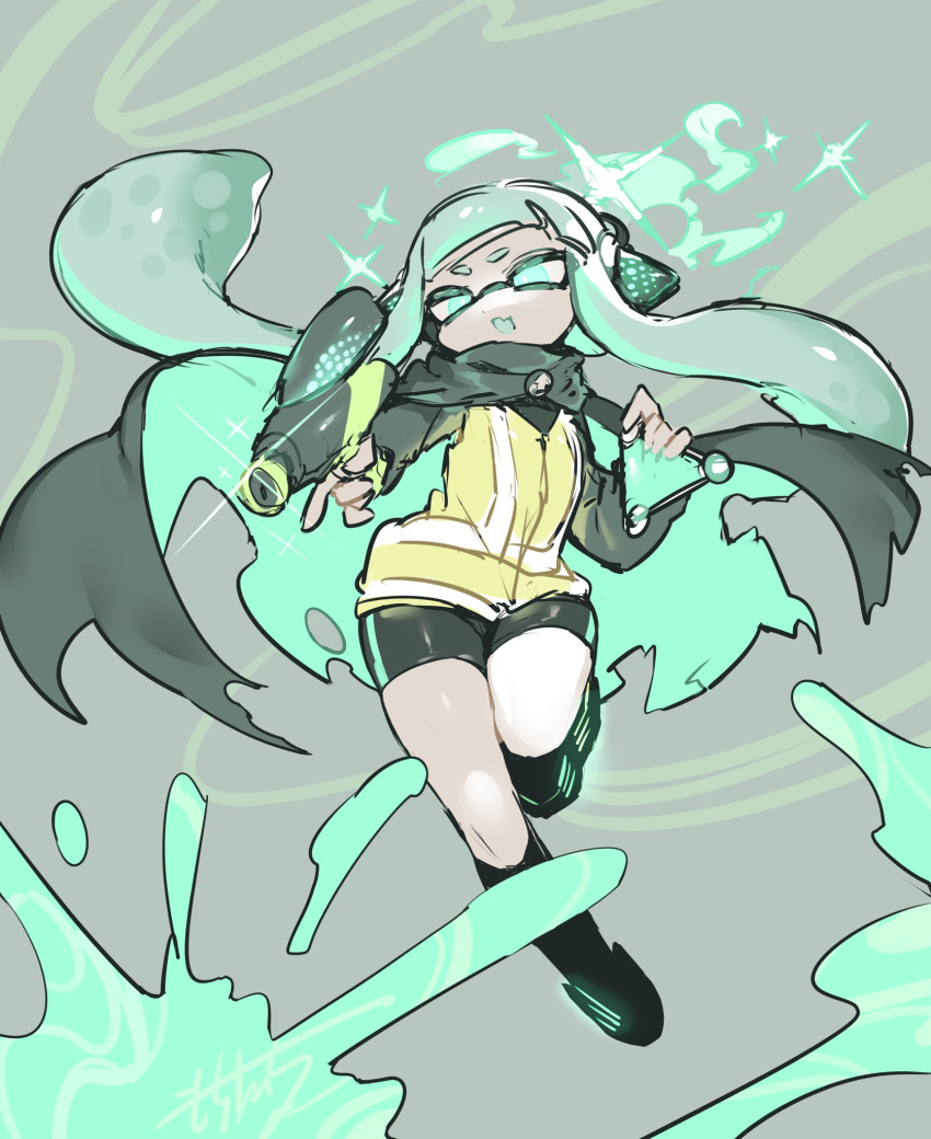 aqua_eyes aqua_hair bangs bike_shorts black_shorts blunt_bangs commentary_request domino_mask explosive fangs grenade highres inkling long_hair mask nama_namusan paint_splatter pointy_ears safety_vest shorts splat_bomb_(splatoon) splatoon_(series) splatoon_2 squid squidbeak_splatoon tentacle_hair