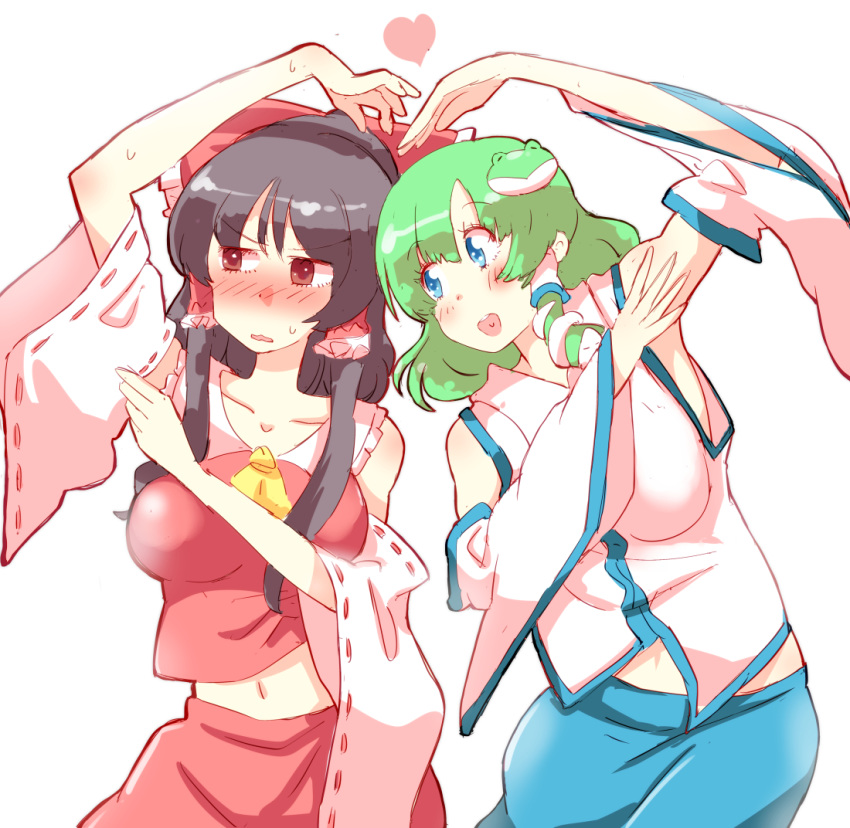 black_hair blue_eyes blush bow brown_eyes collarbone detached_sleeves frog_hair_ornament green_hair hair_bow hair_ornament hair_tubes hakurei_reimu heart heart_arms kochiya_sanae looking_at_another looking_away midriff multiple_girls non_(z-art) open_mouth red_ribbon ribbon ribbon-trimmed_sleeves ribbon_trim snake_hair_ornament touhou upper_body white_background wide_sleeves