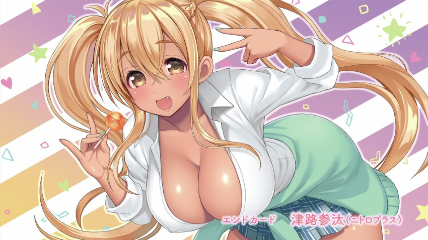 :d aqua_nails artist_name bent_over blonde_hair braid breasts brown_eyes candy cleavage collarbone diagonal-striped_background diagonal_stripes end_card eyebrows_visible_through_hair fang food hair_between_eyes heart holding holding_food large_breasts lollipop long_hair looking_at_viewer nail_polish open_mouth plaid plaid_skirt pleated_skirt shirt skirt smile solo star striped striped_background sunohara_nana sunoharasou_no_kanrinin-san tan tsuji_santa twintails v very_long_hair white_shirt