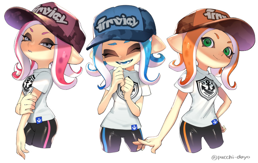 bike_shorts blue_hair cephalopod_eyes commentary domino_mask fangs green_eyes grey_eyes hat highres makeup mascara mask multiple_girls octarian octoling orange_hair pink_hair pointy_ears puchiman shirt single_vertical_stripe splatoon_(series) splatoon_2 splatoon_2:_octo_expansion suction_cups t-shirt tentacle_hair