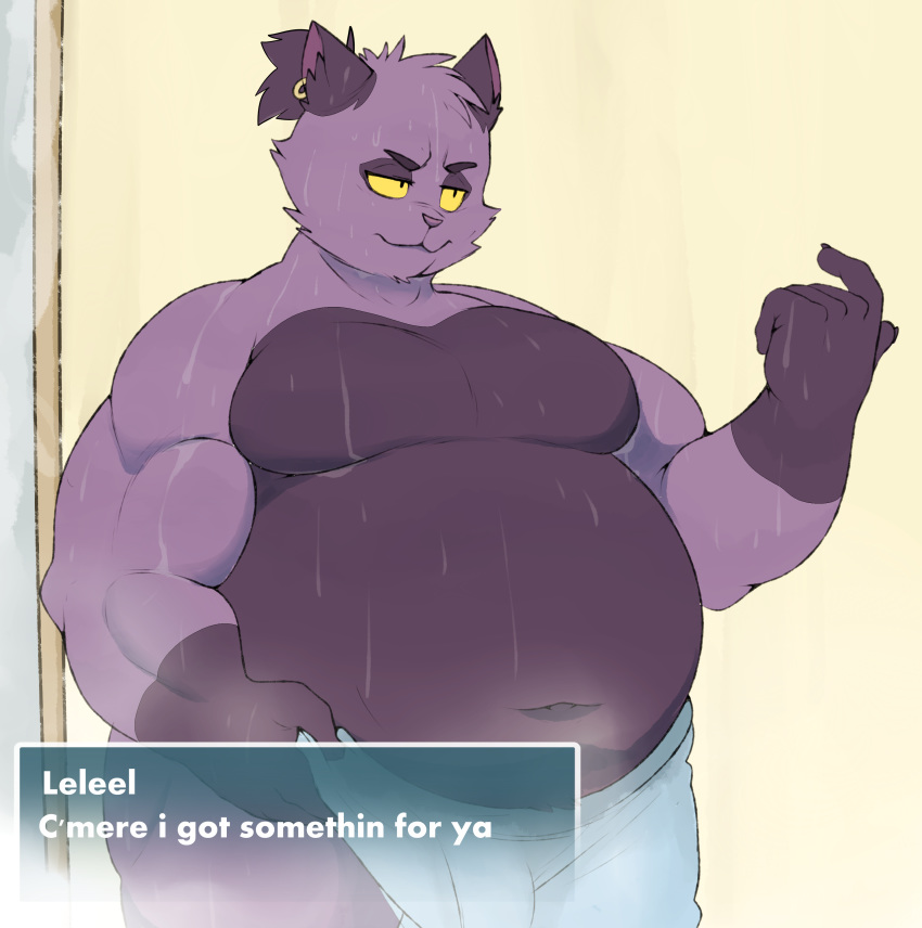 anthro bulge cat dialogue ear_piercing ecaflip english_text eroborus feline leliel male mammal navel overweight piercing solo suggestive text wet yellow_eyes