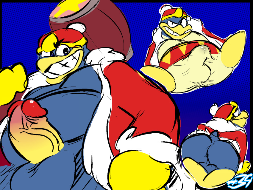 2018 all_fours anthro avian balls beak bird blue_background blue_skin bottomless bulge butt clothed clothing erection fully_clothed hat humanoid_penis king_dedede kirby_(series) looking_at_viewer looking_back male nintendo partially_clothed penguin penis precum presenting presenting_hindquarters presenting_penis raised_tail red_penis robe simple_background sitting smile solo standing torquewintress video_games