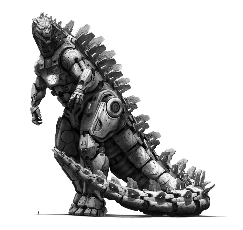 claws commentary cyberpunk cyborg eatalllot english_commentary full_body giant glowing glowing_eyes godzilla_(series) greyscale highres machine machinery mecha mechagodzilla mechanical mechanical_arm mechanization monochrome realistic robot science_fiction size_comparison size_difference super_robot tagme tail tokusatsu weapon