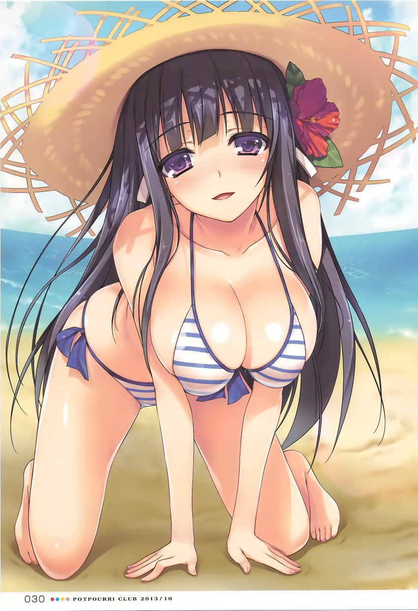 absurdres all_fours bangs bare_shoulders beach bikini black_hair blue_sky blush breasts brown_eyes cleavage cloud cloudy_sky collarbone day eyebrows_visible_through_hair fingernails flower full_body hair_flower hair_ornament hat hibiscus highres large_breasts long_hair looking_at_viewer ocean open_mouth original page_number parted_lips purple_eyes sand scan shiny shiny_skin shore side-tie_bikini sidelocks sky smile solo straw_hat striped striped_bikini sun_hat sunlight swimsuit toes tomose_shunsaku water