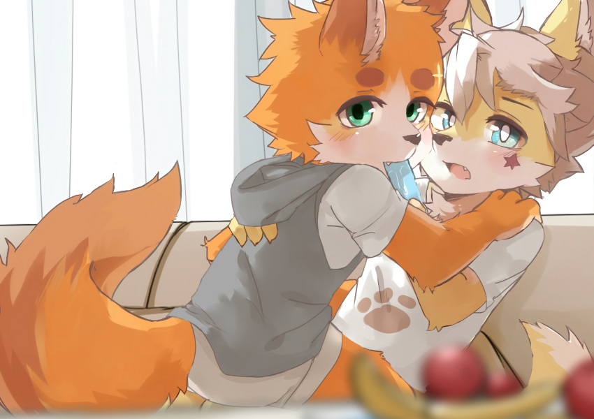 anthro blue_eyes blush canine clothing cub dog duo food fur green_eyes hi_res hoodie male male/male mammal nekowuwu orange_fur popsicle shirt t-shirt white_fur yellow_fur young