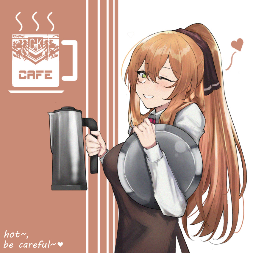 alternate_costume apron ascot bangs breasts brown_hair cafe chinese_commentary commentary_request emblem english eyebrows_visible_through_hair girls_frontline green_eyes hair_between_eyes hair_rings highres large_breasts long_hair long_sleeves m1903_springfield_(girls_frontline) o-ring one_eye_closed ponytail ribbon solo taru_kira waitress