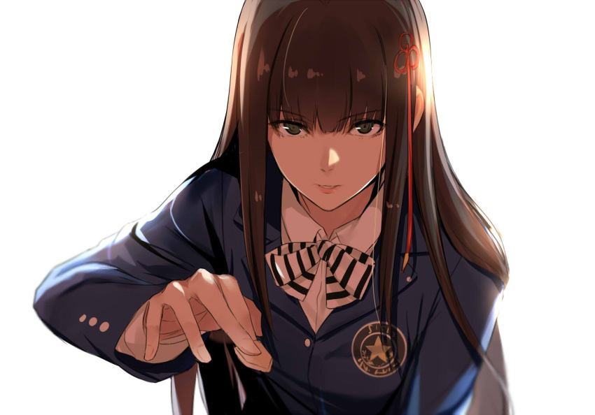 ? backlighting bangs blazer blue_jacket board_game bow brown_hair collared_shirt commentary_request eyebrows_visible_through_hair flower_knot green_eyes hair_between_eyes hair_ribbon hair_tie hime_cut isshiki_(ffmania7) jacket kosei_high_school_uniform leaning_forward long_hair long_sleeves looking_at_viewer outstretched_hand parted_lips persona persona_5 ribbon school_uniform shirt shougi shougi_piece solo striped striped_bow striped_neckwear tassel tougou_hifumi white_shirt