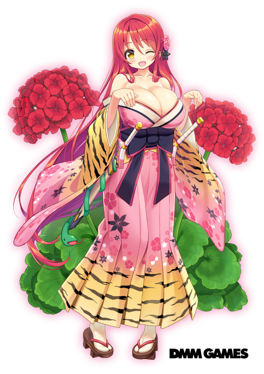 ;d bare_shoulders black_bow bow breasts cleavage commentary_request copyright_name dmm floral_background floral_print flower flower_knight_girl full_body geranium_(flower_knight_girl) hair_flower hair_ornament highres huge_breasts japanese_clothes kimono leaf long_hair long_tongue looking_at_viewer obi object_namesake official_art one_eye_closed open_mouth print_kimono red_hair sandals sash sheath sheathed shuz_(dodidu) smile snake standing sword tiger_stripes tongue very_long_hair weapon white_background yellow_eyes yukata