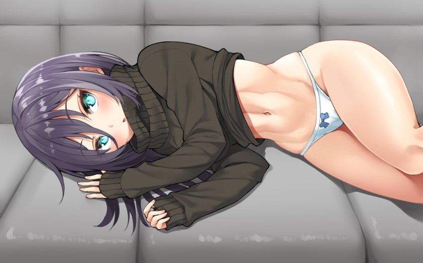 1girl abs aqua_eyes bangs black_sweater blue_bow blush bow bow_panties clothes_lift couch eyebrows_visible_through_hair eyes_visible_through_hair groin hair_between_eyes hips long_hair looking_at_viewer lying midriff murata_taichi navel on_side open_mouth original panties purple_hair shiny shiny_hair sidelocks sleeves_past_wrists sweater sweater_lift thighs tsurime turtleneck turtleneck_sweater underwear white_panties