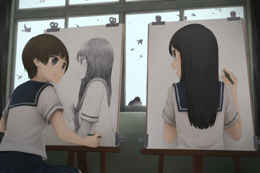 backlighting bird black_eyes brown_hair clip commentary dark drawing easel eye_contact hand_on_another's_cheek hand_on_another's_face indoors long_hair looking_at_another looking_to_the_side multiple_girls oekaki_musume open_mouth original pencil pigeon school_uniform serafuku short_hair sitting sky smile window yajirushi_(chanoma)