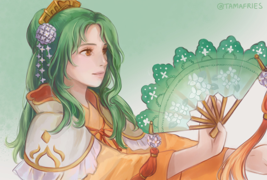 bad_id bad_tumblr_id closed_mouth commentary elincia_ridell_crimea fan fire_emblem fire_emblem:_akatsuki_no_megami fire_emblem:_souen_no_kiseki fire_emblem_heroes folding_fan green_background green_hair hair_ornament holding holding_fan japanese_clothes kimono long_hair orange_kimono simple_background solo tamafries twitter_username yellow_eyes yukata