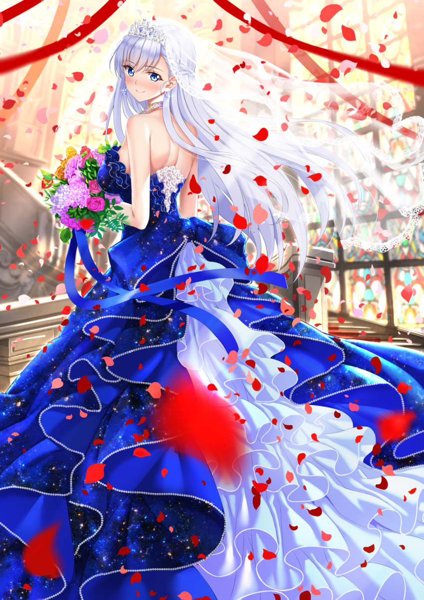 azur_lane backless_dress backless_outfit bangs bare_shoulders belfast_(azur_lane) blue_dress blue_eyes blue_ribbon blurry blurry_background blurry_foreground blush bouquet breasts brown_flower brown_rose closed_mouth commentary_request detached_sleeves dress earrings eyebrows_visible_through_hair flower glint hair_between_eyes head_tilt highres holding holding_bouquet indoors jewelry large_breasts long_hair looking_at_viewer looking_back petals pink_flower pink_rose purple_flower purple_rose red_ribbon ribbon rose see-through silver_hair smile solo stairs standing strapless strapless_dress swordsouls tiara veil very_long_hair yellow_flower